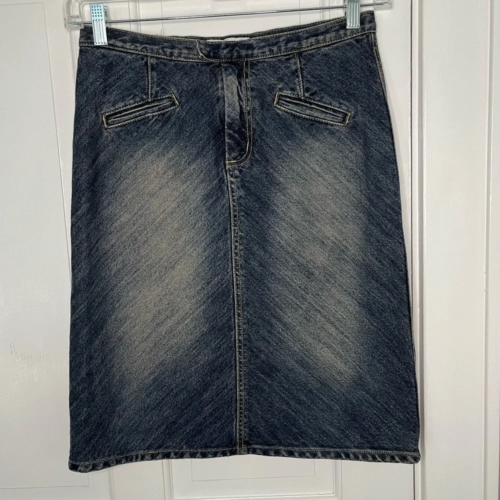 Jill Stuart Denim Jean Skirt Pencil Cowgirl Rodeo Western Distressed Size 8 Y2K